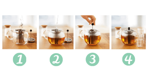 étapes préparation thé avec théière à piston
